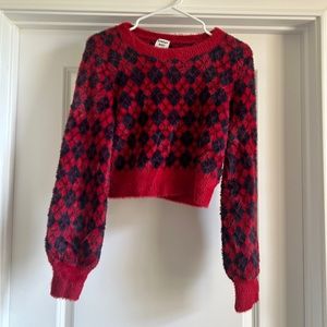 Aritzia Sunday Best Argyle Red and Blue Cropped Fuzzy Sweater